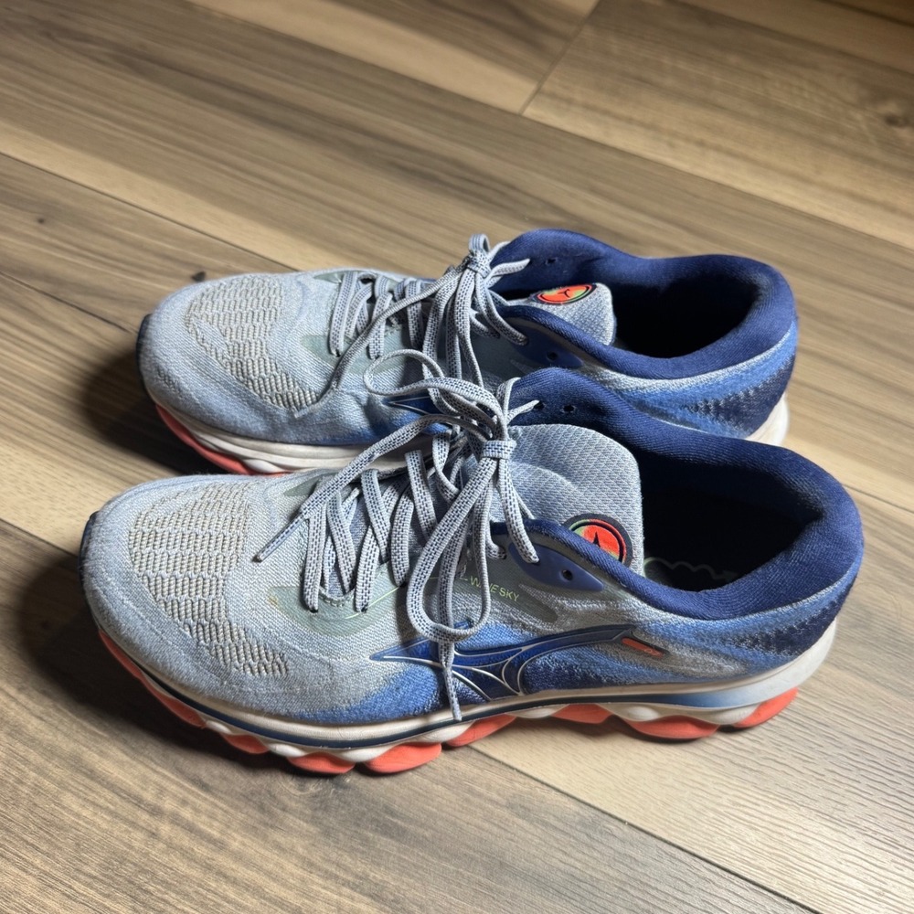 Mizuno Wave Sky Womens Running Shoes Blue Grey Coral Orange Size 9.5